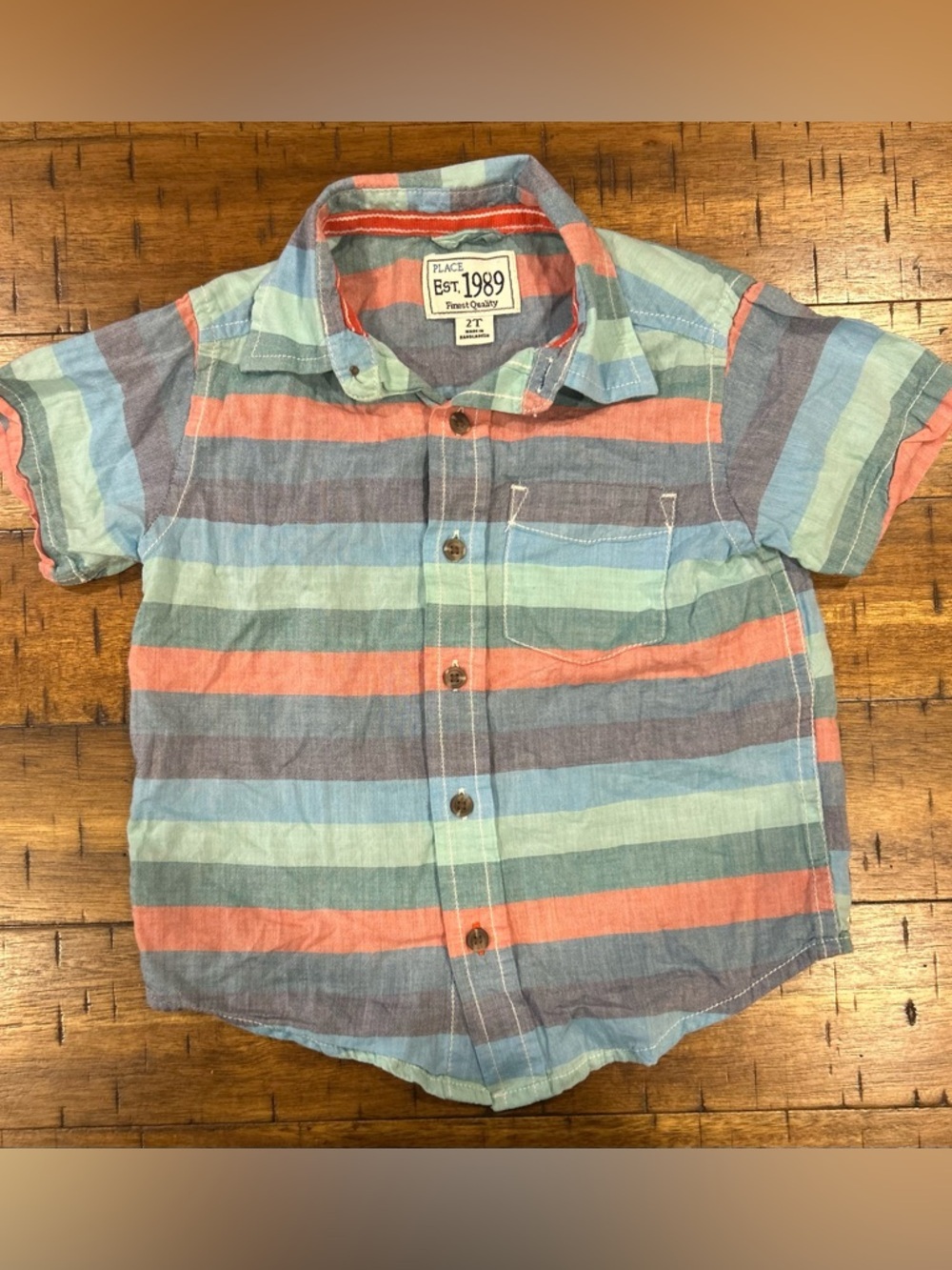 Place Striped Button-Down Shirt in Coral, Light Blue, Green & Gray